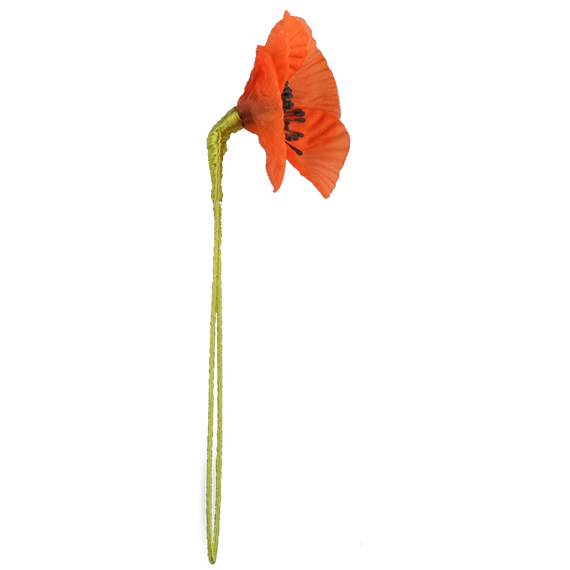 Boutonniere einer orangenen Mohnblume aus Seide in der Seitenansicht.