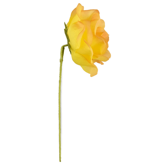 Boutonniere einer gelb-pinken Rose aus Seide in der Seitensicht.