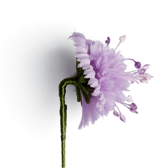 Boutonniere einer Skabiose aus Seide in der Seitenansicht.