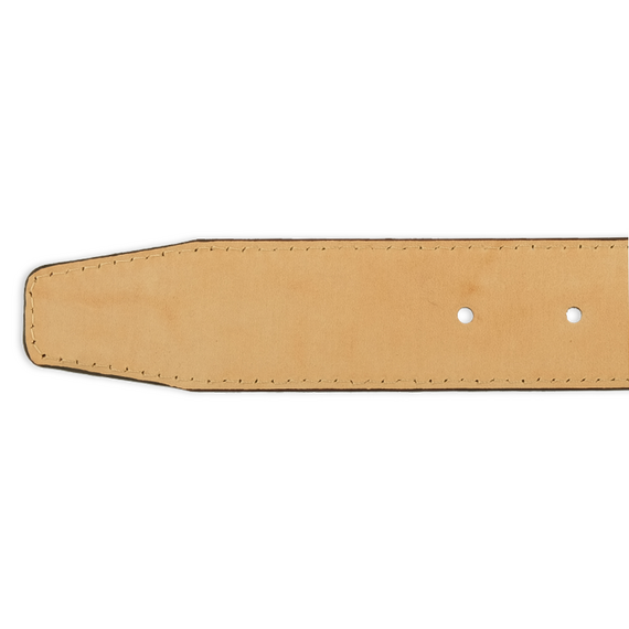 Detailbild der Rckseite der Spitze eines Ledergrtels in brauner Reptilleder-Optik