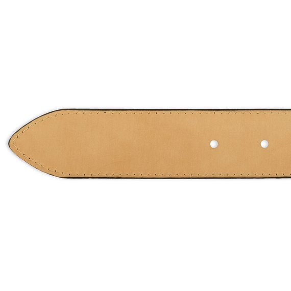 Detailbild der Rckseite der Spitze eines schwarzen Ledergrtel mit edler Narbung