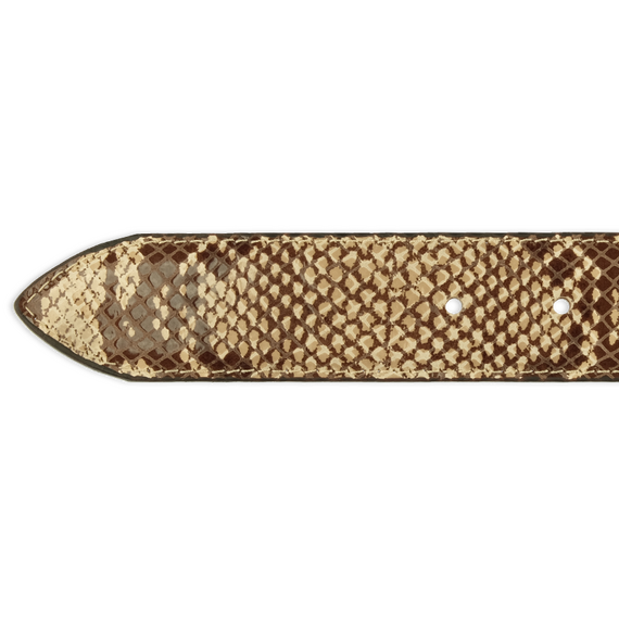 Detailbild der Spitze eines Ledergrtels in heller Schlangenleder-Optik