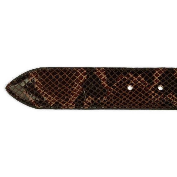Detailbild der Spitze eines Ledergrtels in brauner Schlangenleder-Optik