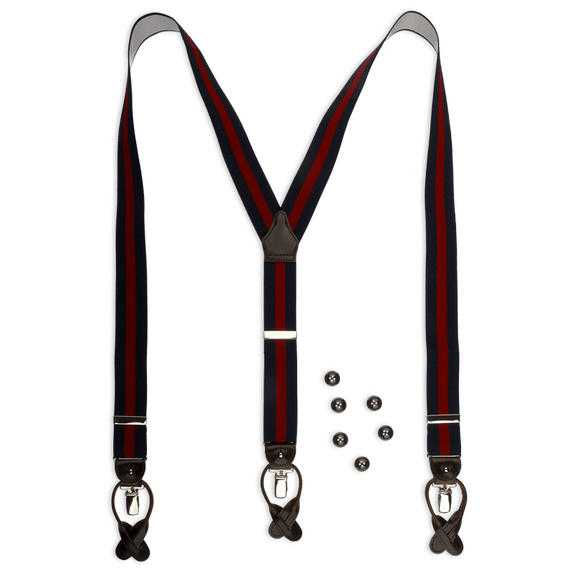 Albert Thurston Hosentr�ger mit drei breiten Streifen in Dunkelblau-Bordeaux-Dunkelblau mit dunkelbraunen Laschen aus Kalbsleder und silberfarbenen Clips.