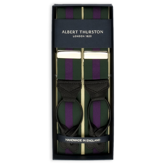 Albert Thurston Hosentrger in Violett und Grn zum Knpfen mit Laschen in schwarz aus Ziegenleder und silberfarbenen Verstellern. Er liegt in einer Box.