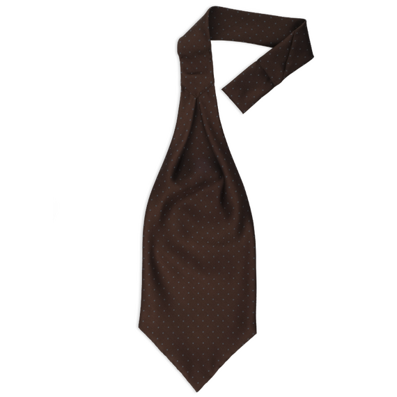 Ascot-Krawatte aus bedruckter Seide mit graublauen Punkten auf braunem Grund