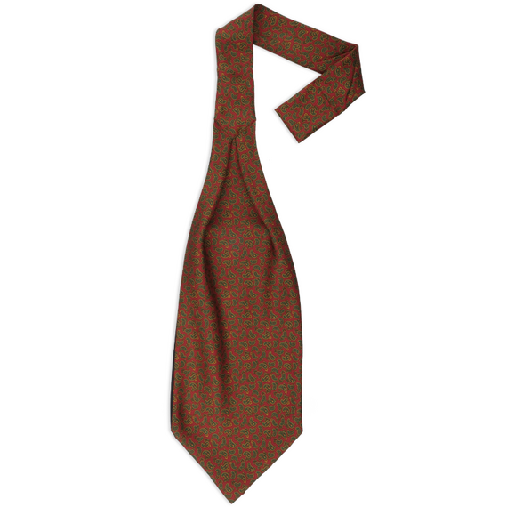 Ascot-Krawatte aus roter Seide mit dichtgesetztem Paisley-Muster in Grn und Gold