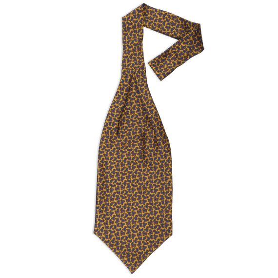 Ascot-Krawatte aus gelber Seide mit dichtgesetztem Paisley-Muster in Blau und Rot