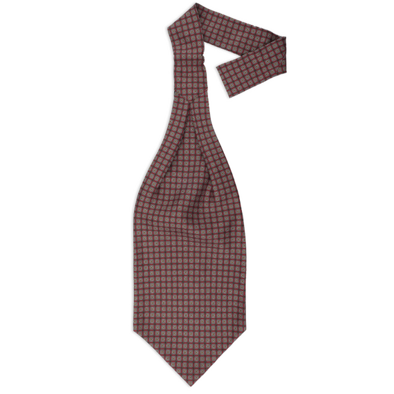 Ascot-Krawatte aus roter Seide mit dichtgesetztem Muster in Rot, Beige, Grn und Hellblau
