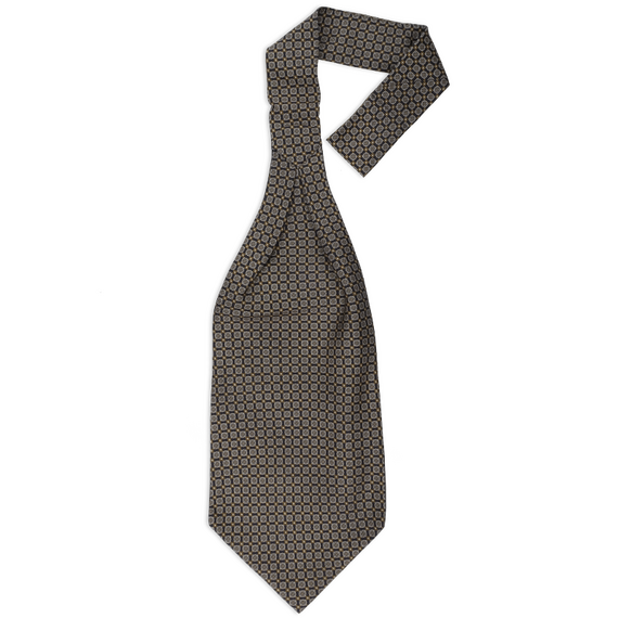 Ascot-Krawatte aus dunkelblauer Seide mit dichtgesetztem Muster in Beige und Hellblau