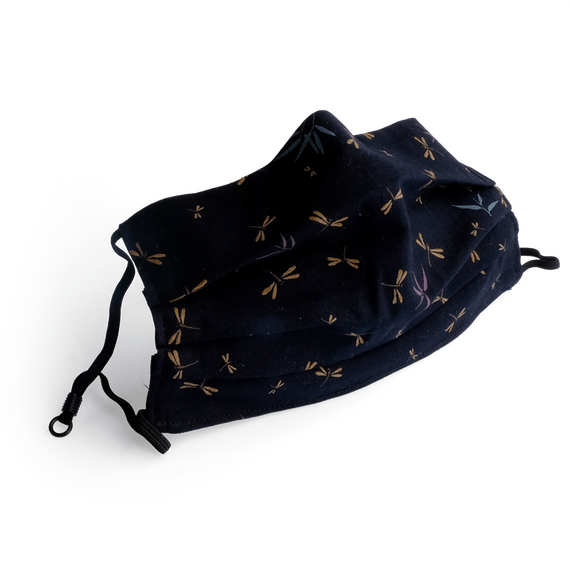 Mund-Nase-Maske aus dunkelblauer Baumwolle mit Libellen