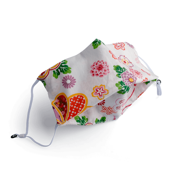 Mund-Nase-Maske aus wei�er Baumwolle mit Japanischen Motiven, Nasenb�gel & schwarzer Beb�nderung zum Verstellen