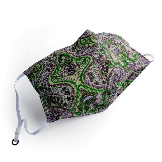 Mundschutz mit Bengalischen Motiven in Gr�n und Violett mit Nasenb�gel & schwarzer Beb�nderung zum Verstellen